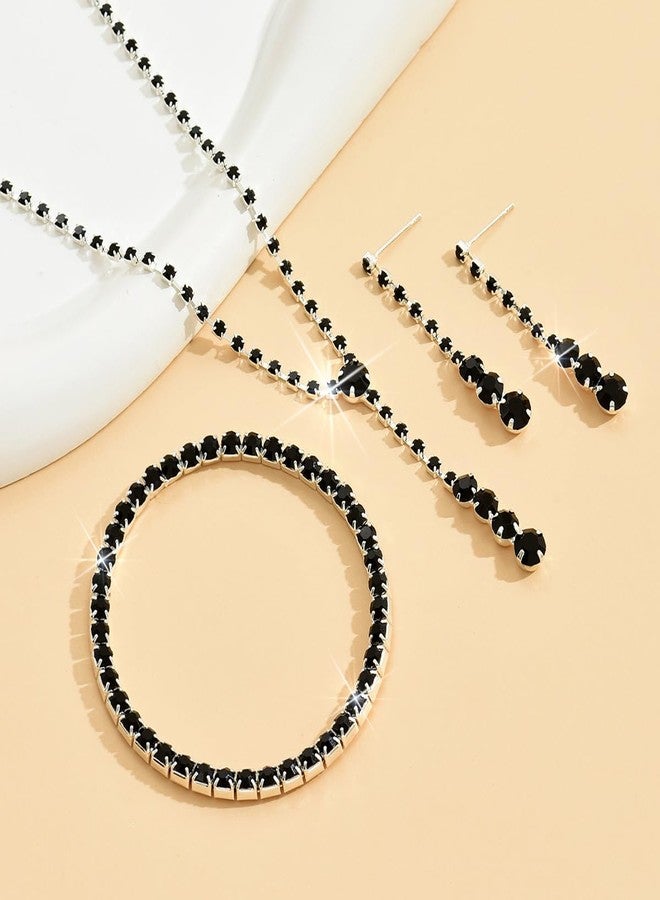 DATOA Sparkling Jewelry Set Wedding Jewelry Sets for Women Dainty Imitation Crystal Necklace Bracelet Earrings Set Wedding Accessories for Brides - Black - Image 3